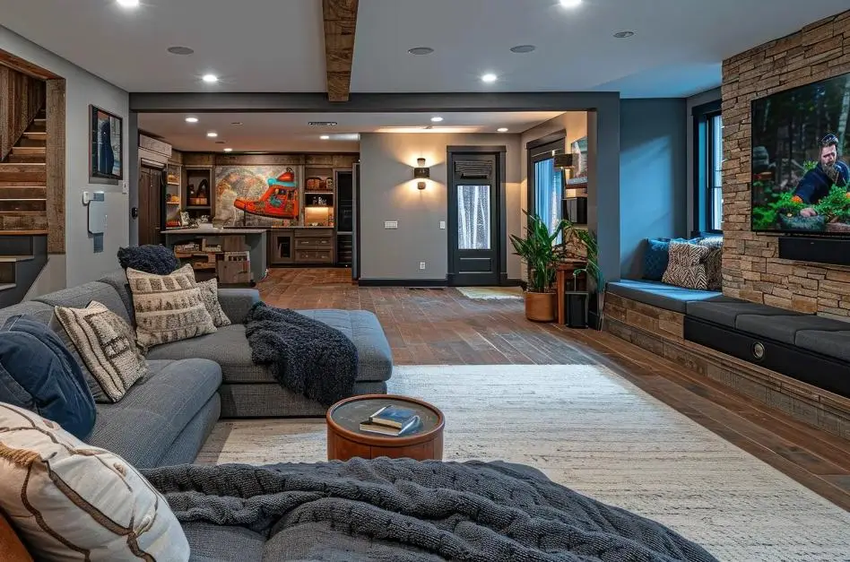 Modern living room with a sectional sofa, fireplace wall, television, area rug, and adjoining kitchen.