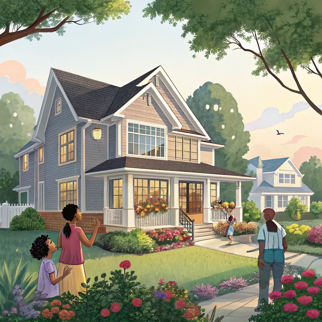 Illustration of a large gabled house with flower gardens, trees, and people outside
