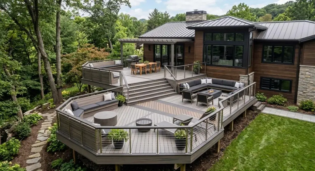 Modern wood-sided home with a multi-level deck, outdoor dining area, lounge seating, and surrounding trees