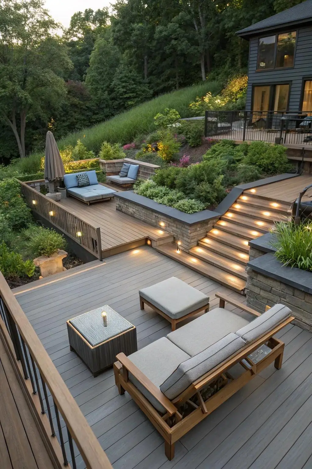 Multi-level outdoor deck with lounge furniture, illuminated steps, flower beds, and a wooded backdrop