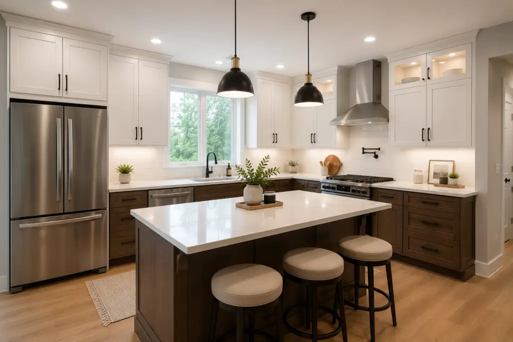 Bright kitchen with white cabinets, dark wood drawers, stainless steel appliances, and a large island with three stools