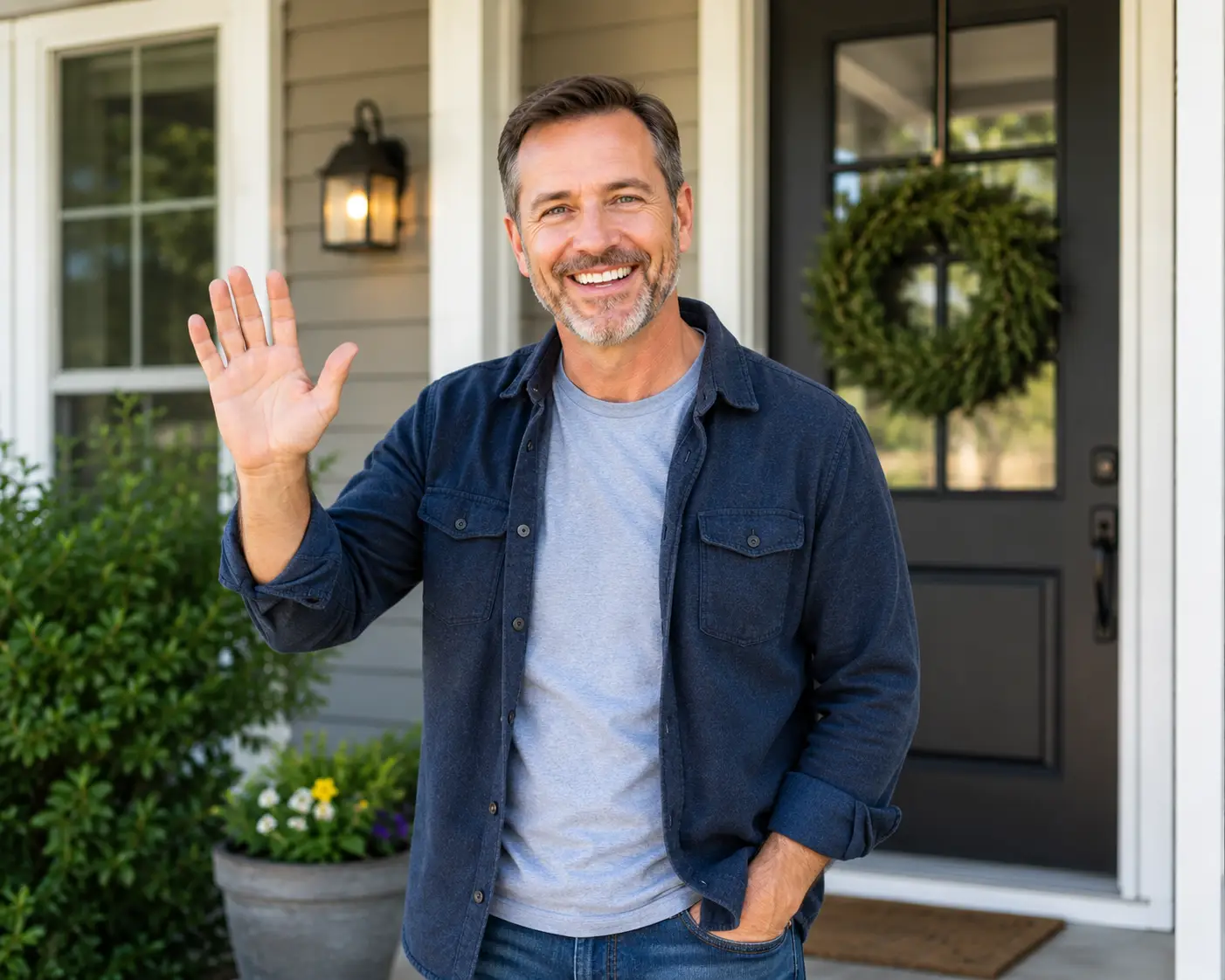 Smiling man waving in front of a house entrance
