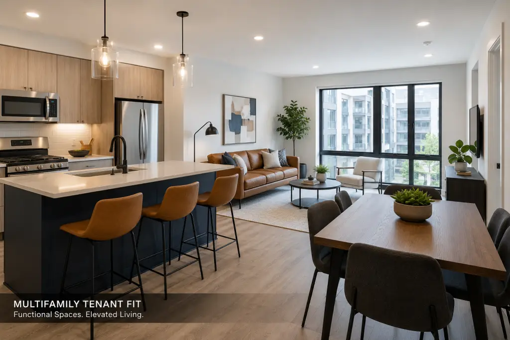 Open-plan apartment interior with a kitchen island, dining table, sofa, plants, and large windows.
