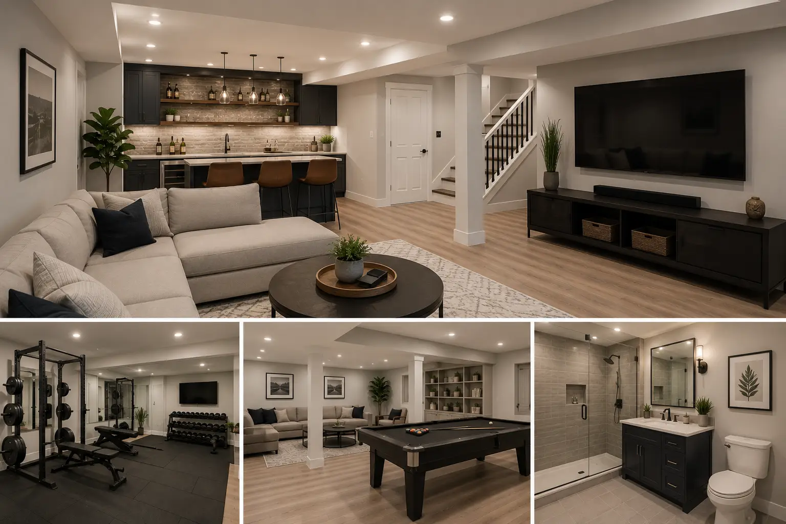 Collage showing a furnished living room with a kitchenette and large TV, a home gym, a billiards area, and a modern bathroom.
