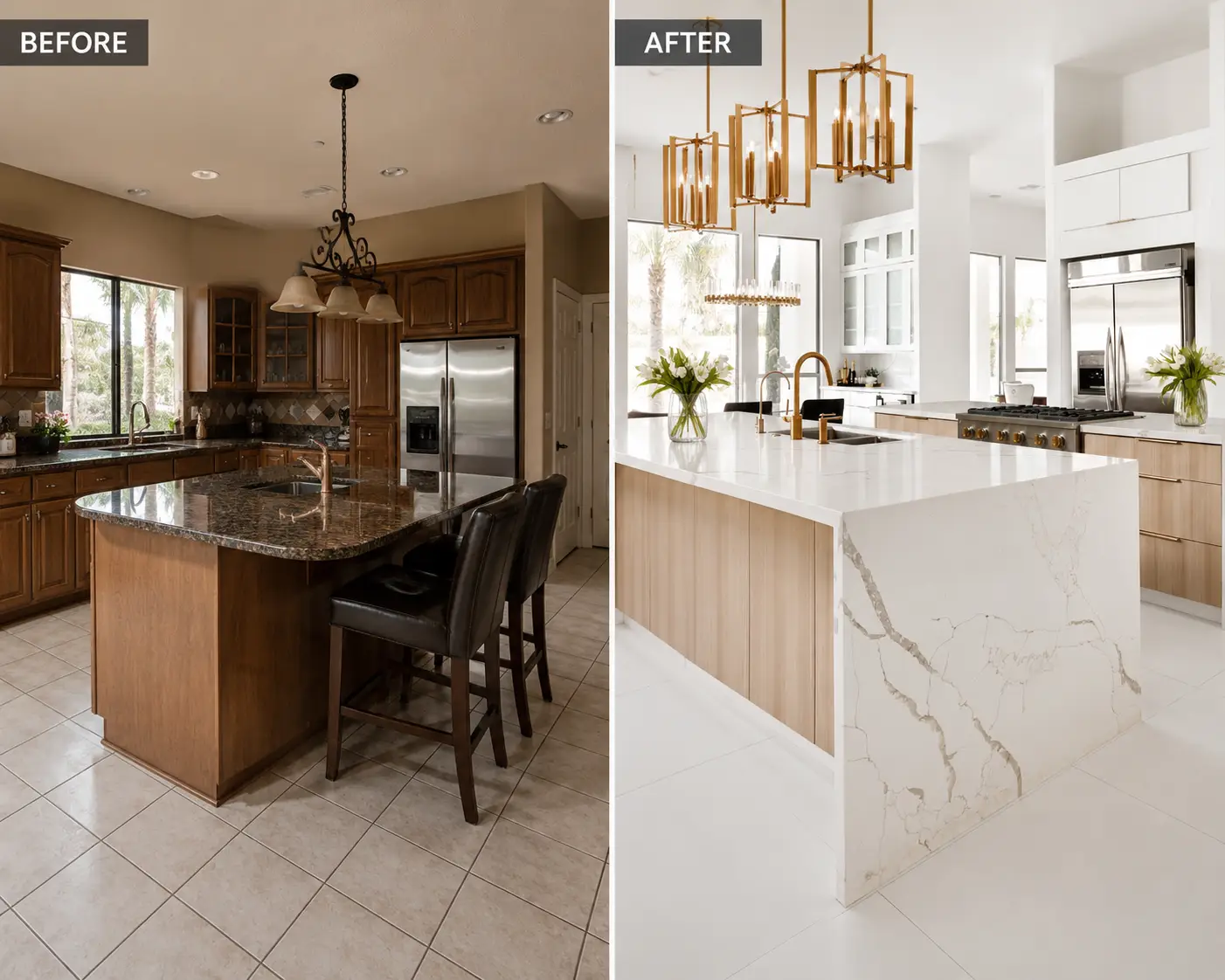Split image comparing a dark traditional kitchen before renovation with a bright modern kitchen after renovation