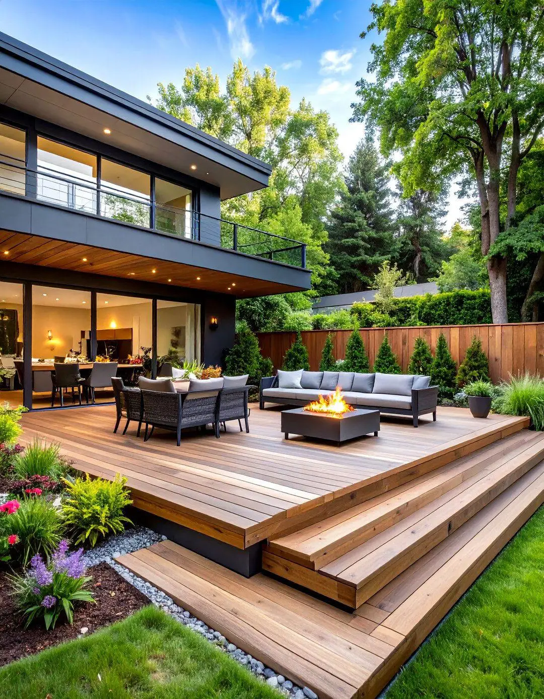 Modern backyard deck with outdoor dining, lounge seating, and a lit fire pit beside a contemporary house