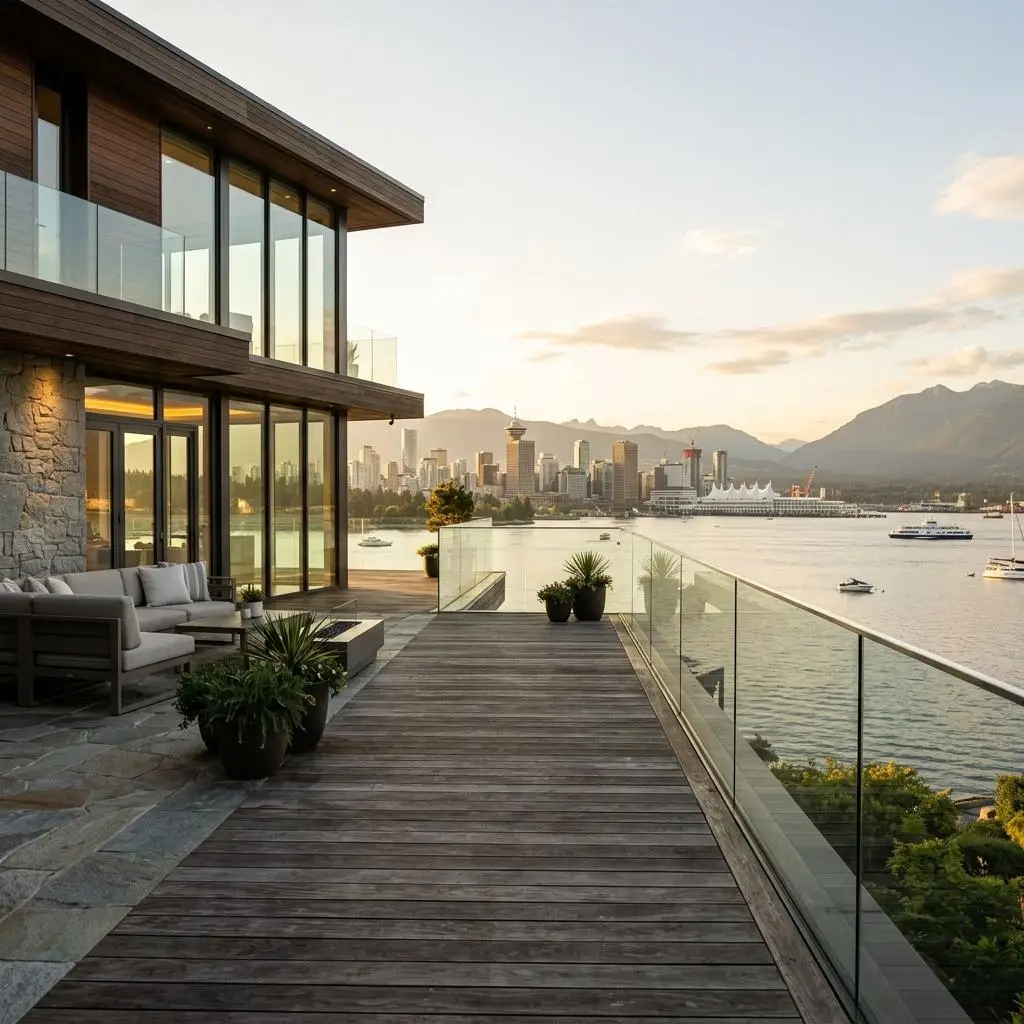Modern home terrace overlooking a harbor, city skyline, mountains, and boats