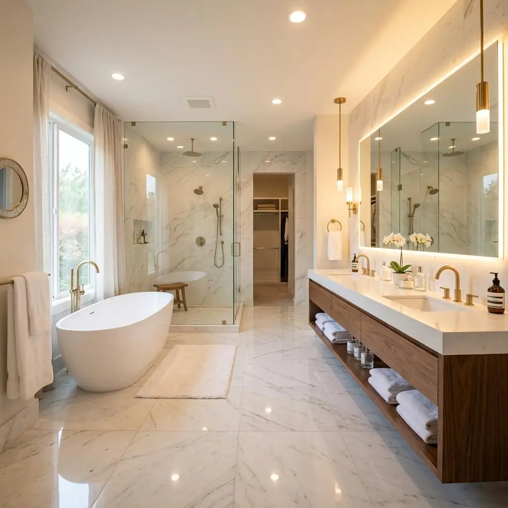 Bright bathroom with a freestanding tub, glass-enclosed shower, double vanity, and large illuminated mirror
