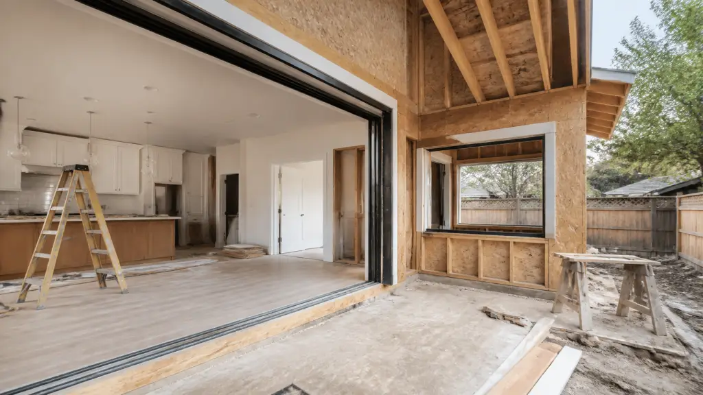 Partially renovated home addition with an open kitchen, ladder, exposed framing, and large folding glass doors.