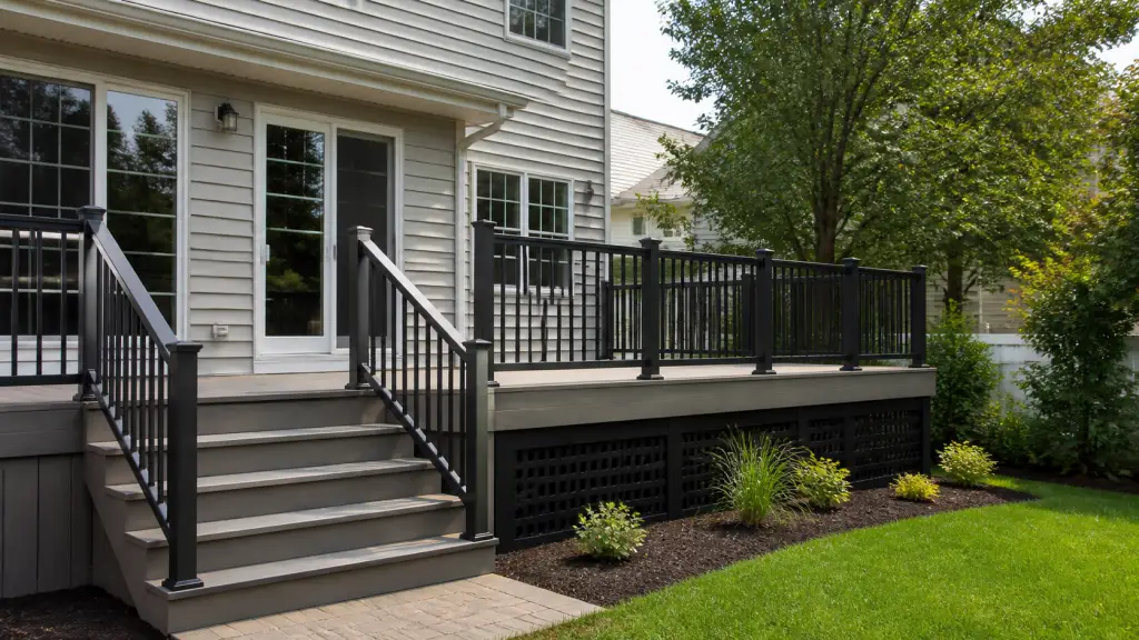 Raised deck with stairs, black railings, and garden landscaping behind a light-colored house